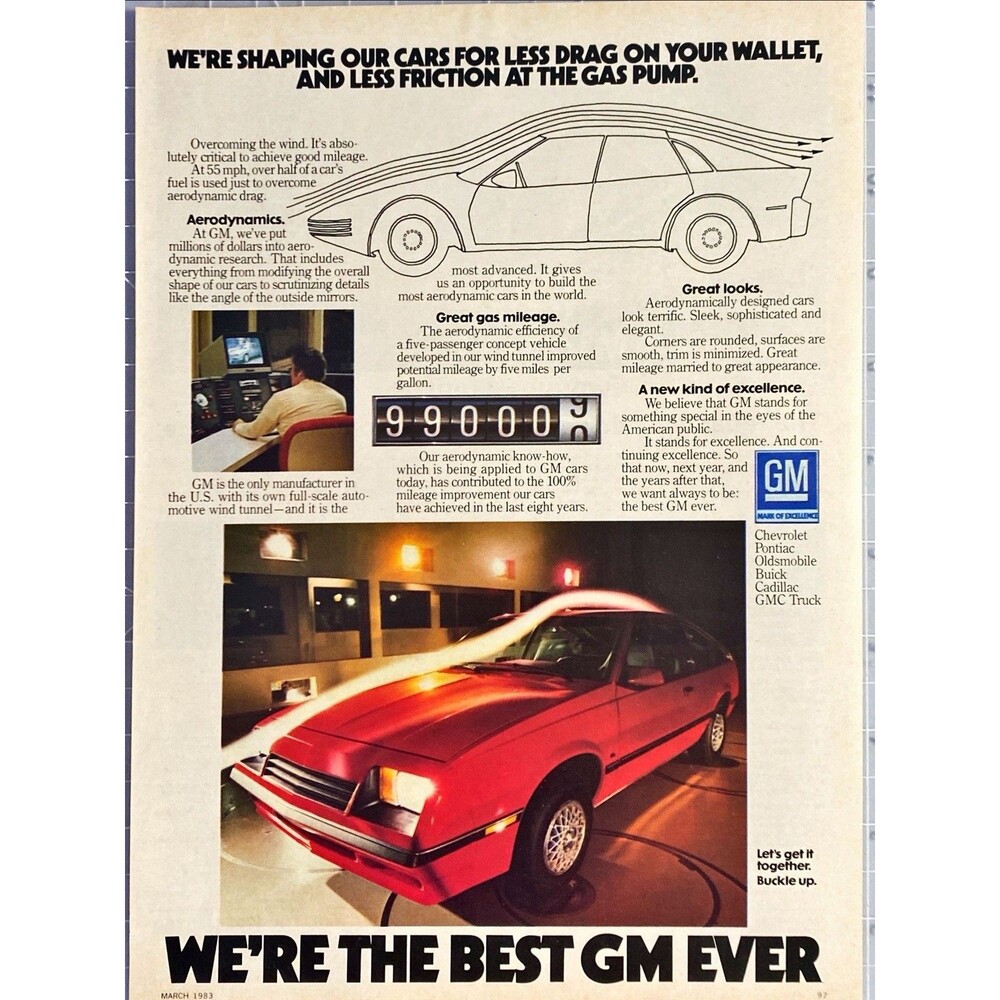 General Motors "Shaping Our Cars with Less Drag on Your Wallet"Vtg Print Ad 1983
